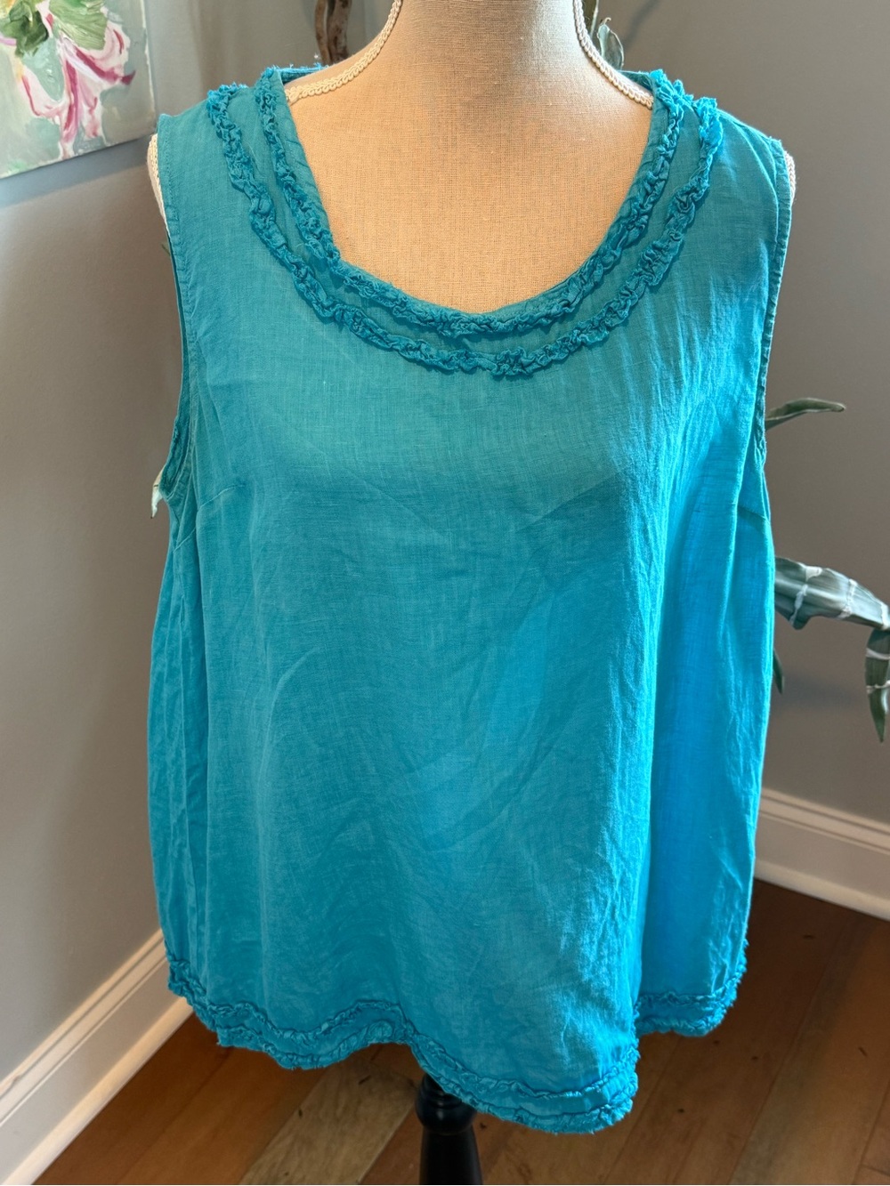 Sleeveless Ruffled Scoop Neck Tank Top - Aqua